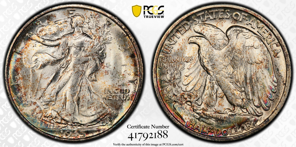 1945-S PCGS MS66+ Walking Liberty Half Dollar Toned High Grade