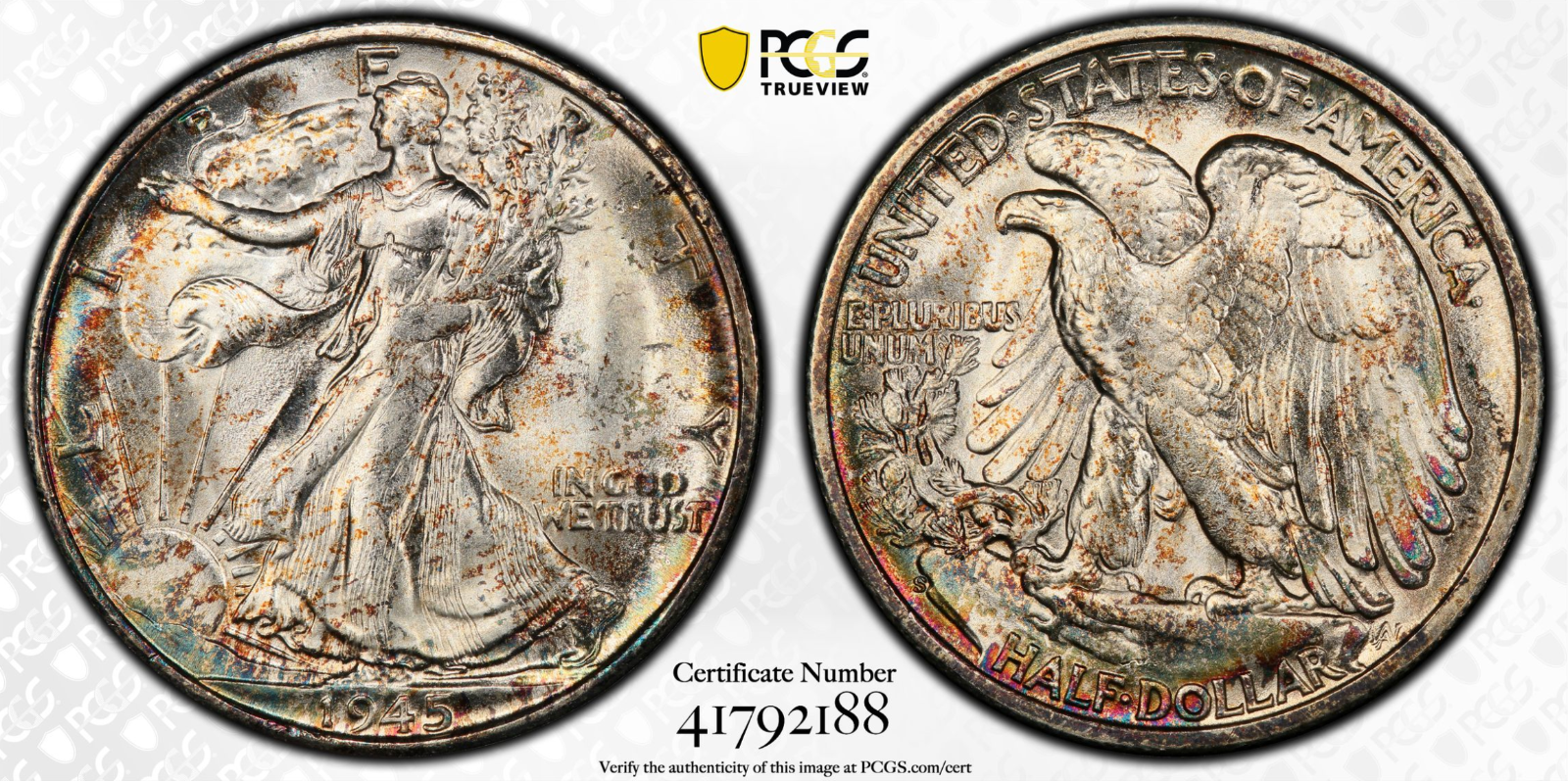 1945-S PCGS MS66+ Walking Liberty Half Dollar Toned High Grade