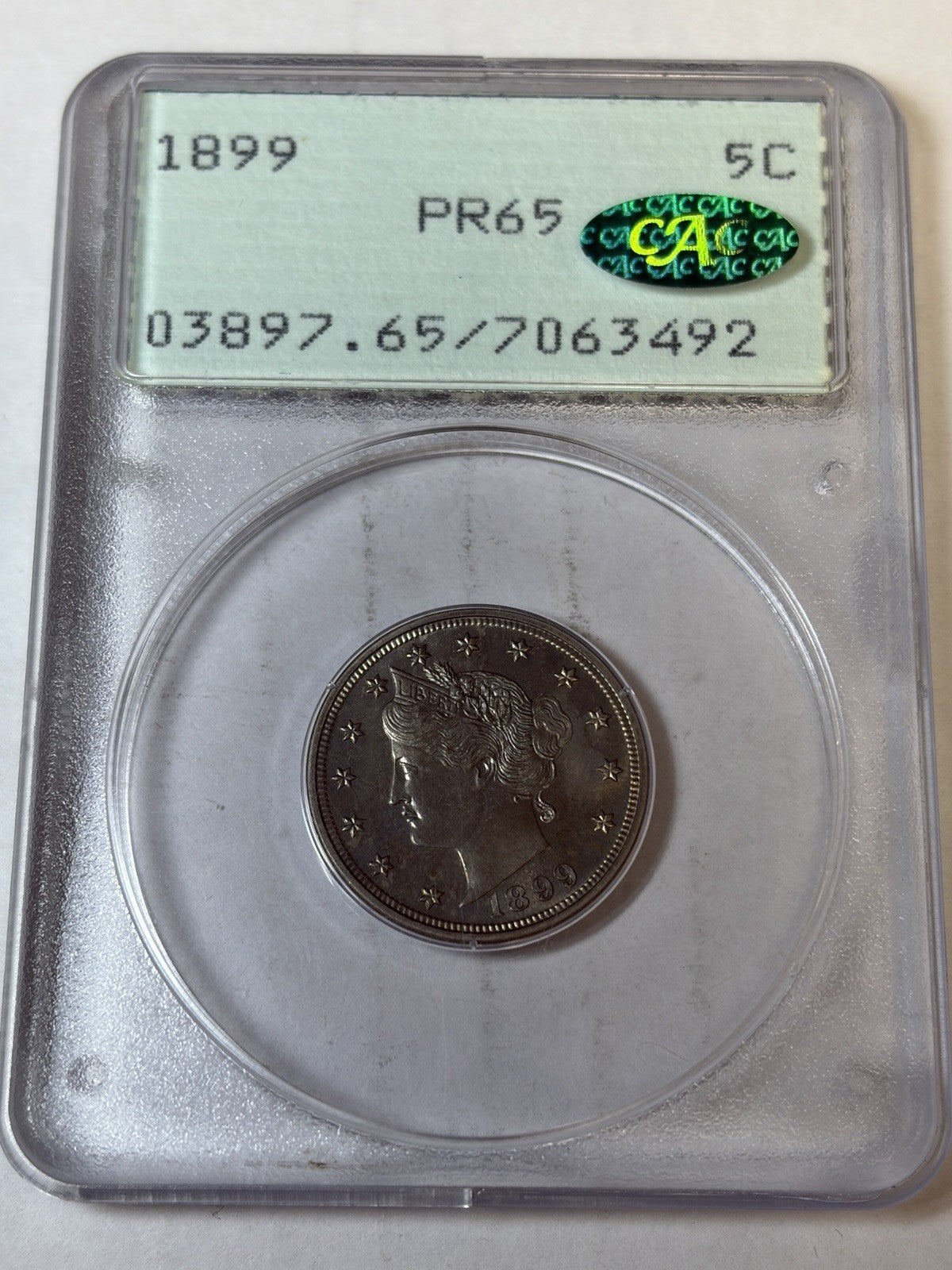 1899 PCGS PR65 CAC Liberty V Nickel Rattler Toned