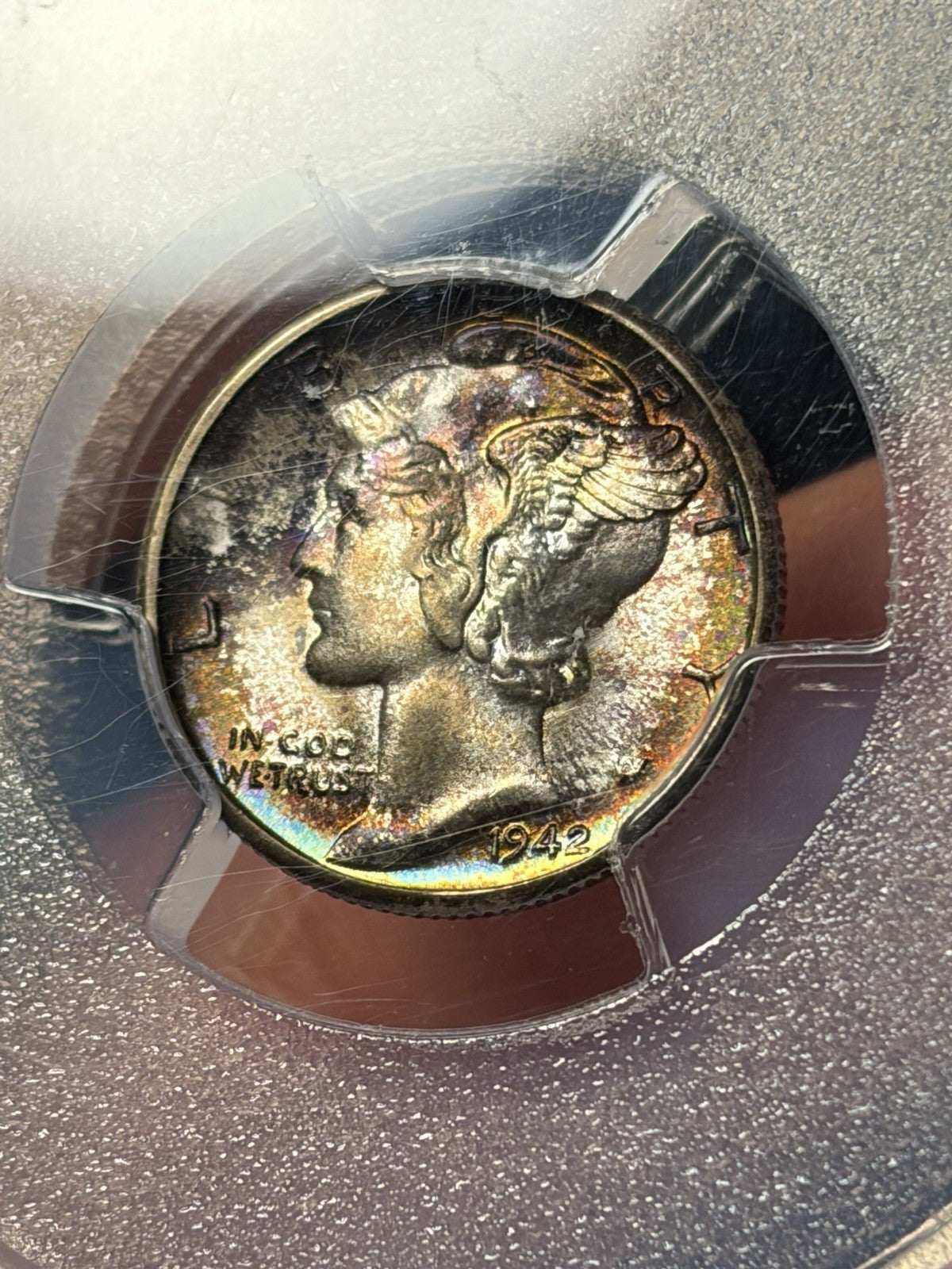 1942-D PCGS MS68 FB CAC Mercury Silver Dime Toned Toning