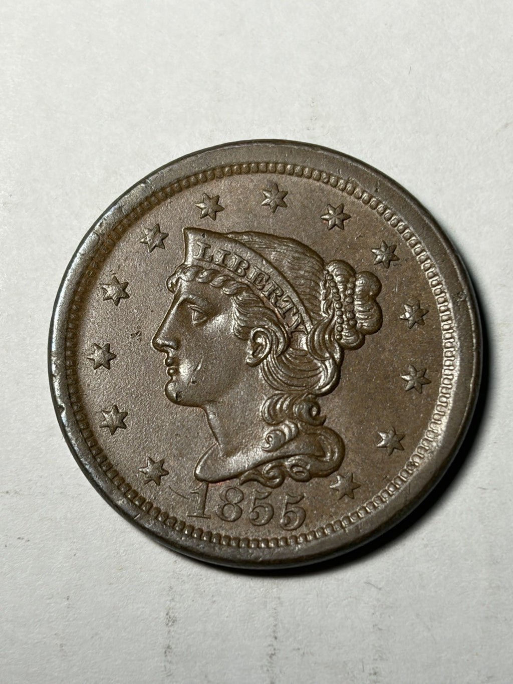 1855 Upright 55 Braided Hair Large Cent Uncirculated
