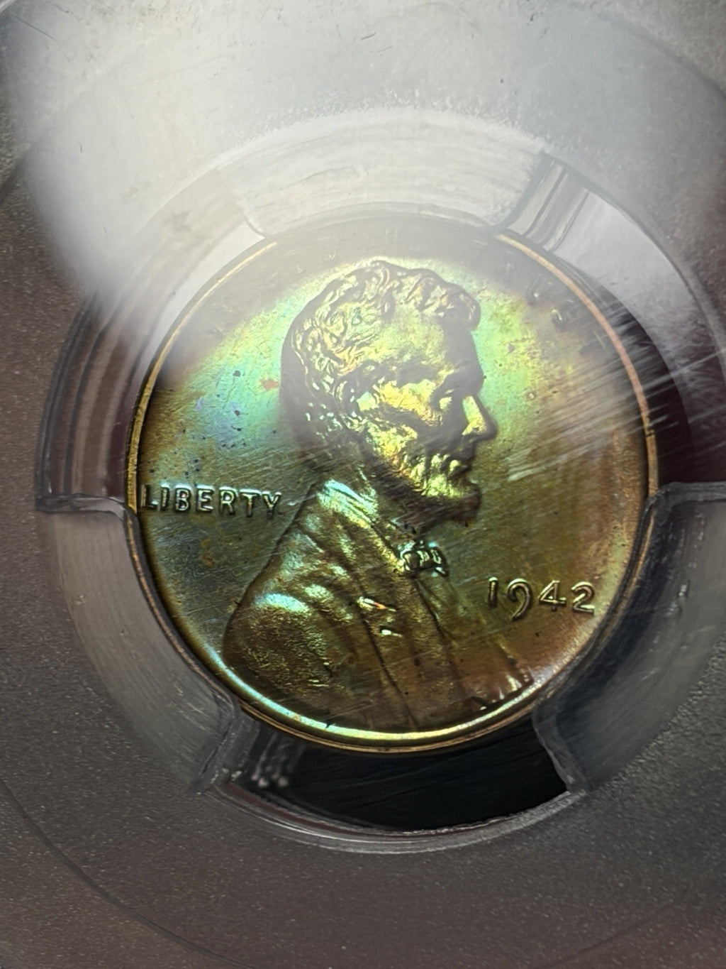 1942 PCGS PR65 BN Lincoln Wheat Cent Incredible Monster Toned Neon Green Blue