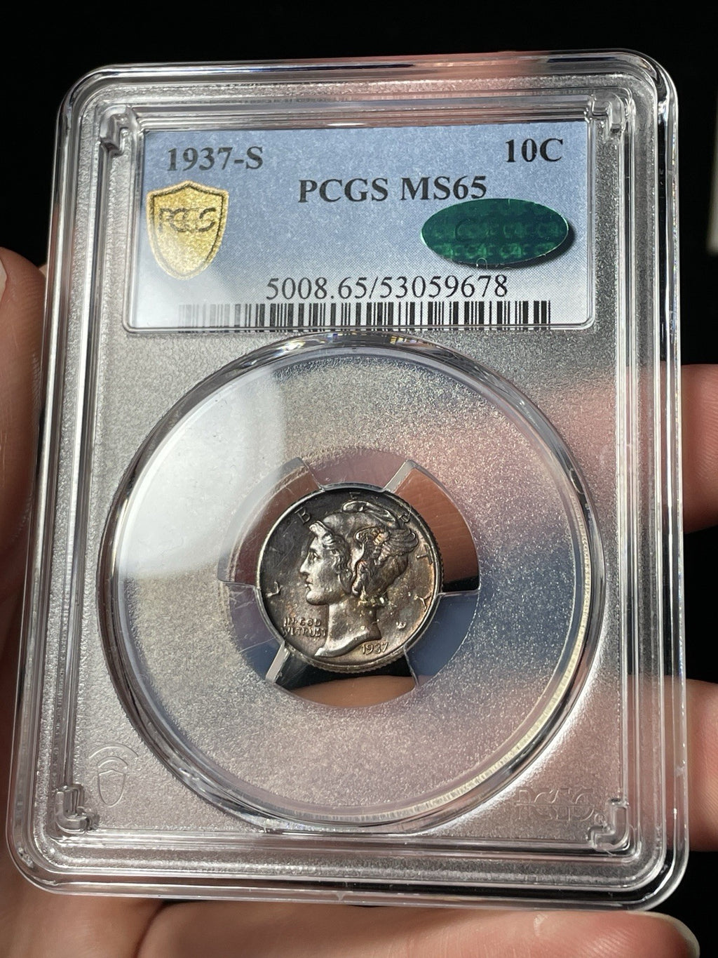 1937-S PCGS MS65 CAC Mercury Silver Dime Toned Nice