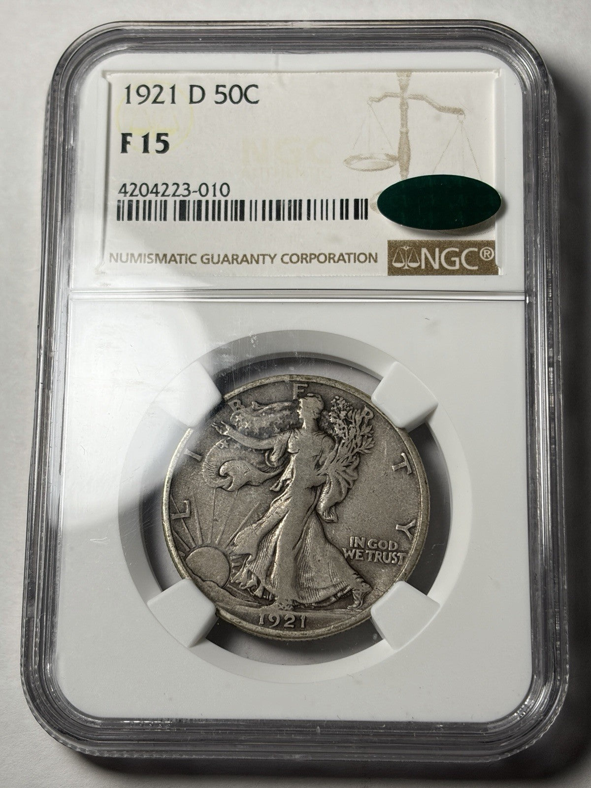 1921-D NGC F15 CAC Walking Liberty Half Dollar