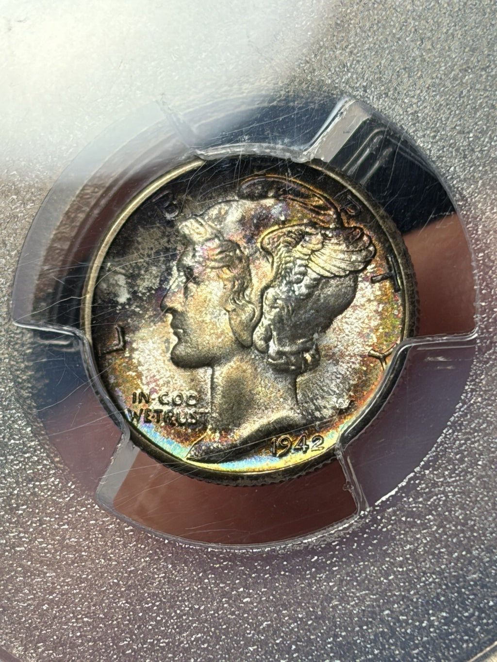 1942-D PCGS MS68 FB CAC Mercury Silver Dime Toned Toning