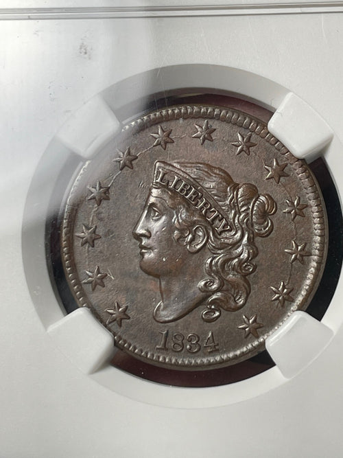 1834 NGC AU55 BN Coronet Hair Large Cent Small 8